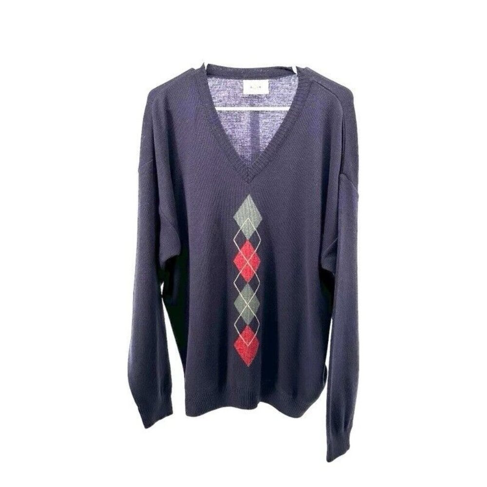 Aklanda Men’s L Large Pure Wool Sweater‎ Argyle COOGI Style Vintage Navy Blue